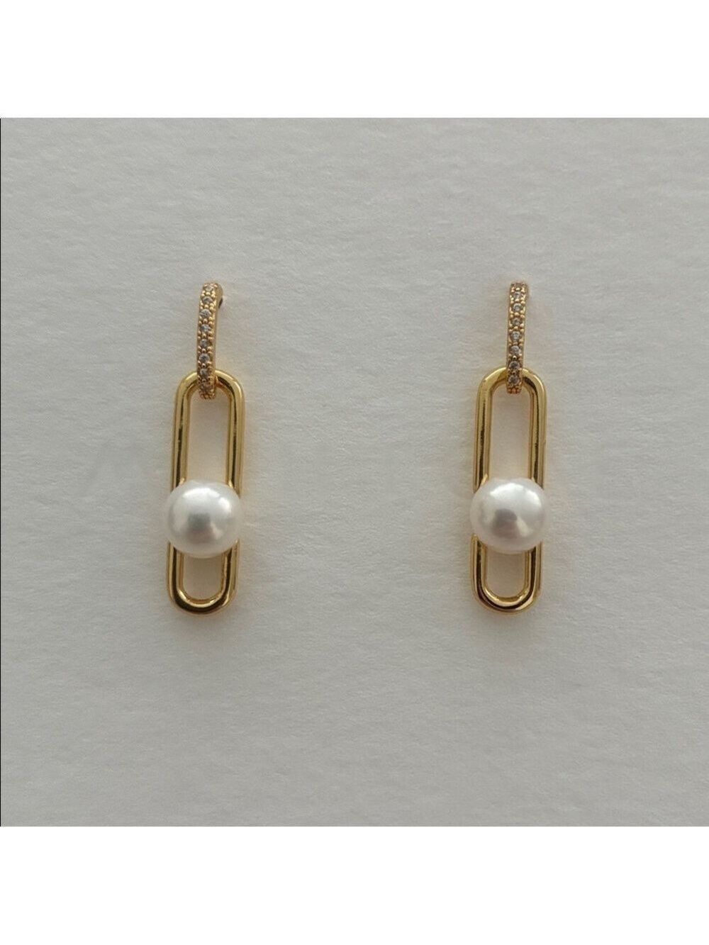 Real Pearl Paperclip Earrings|Gold Earrings|Real Pearl Earrings